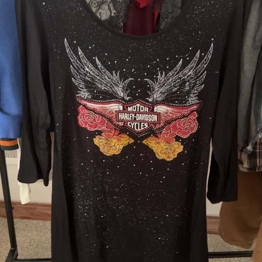 Harley-Davidson Wings & Roses Rhinestone Lace Back 3/4 Sleeve Shirt